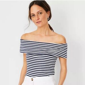 Ann Taylor Navy and White Striped Off-Shoulder Top Size L